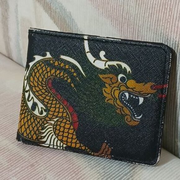 Buckle-Down Genuine Leather Wallet/Card Holder Black with Dragon Print - Picture 1 of 10